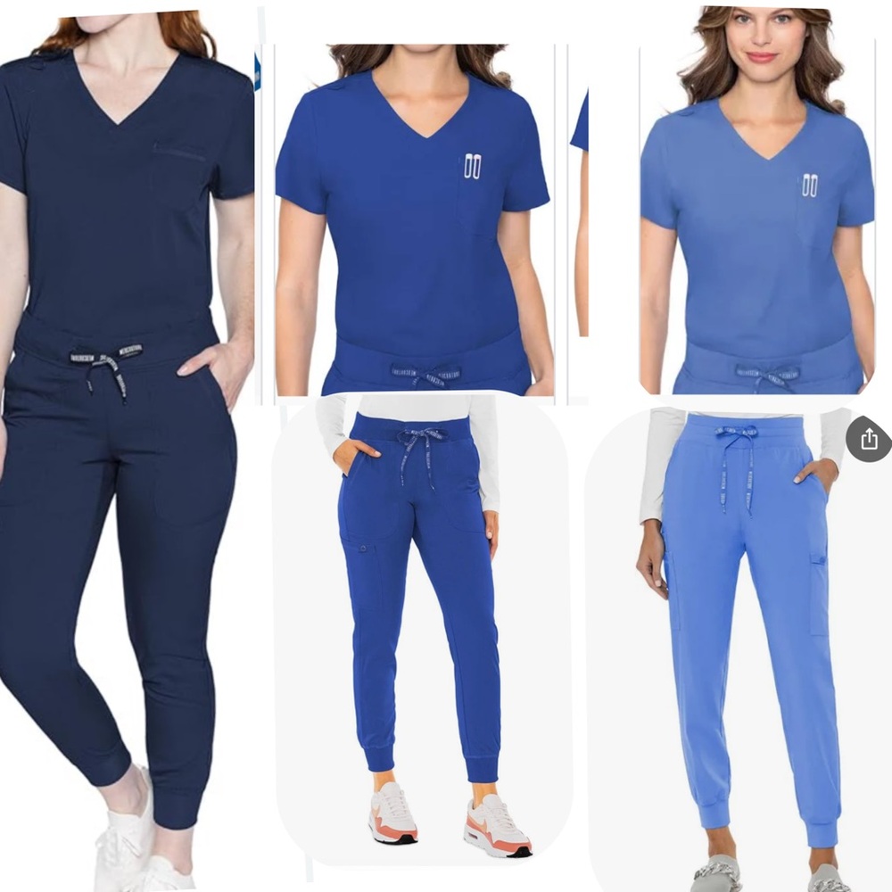 MedCouture 3 sets of scrubs: black, light blue, royal blue